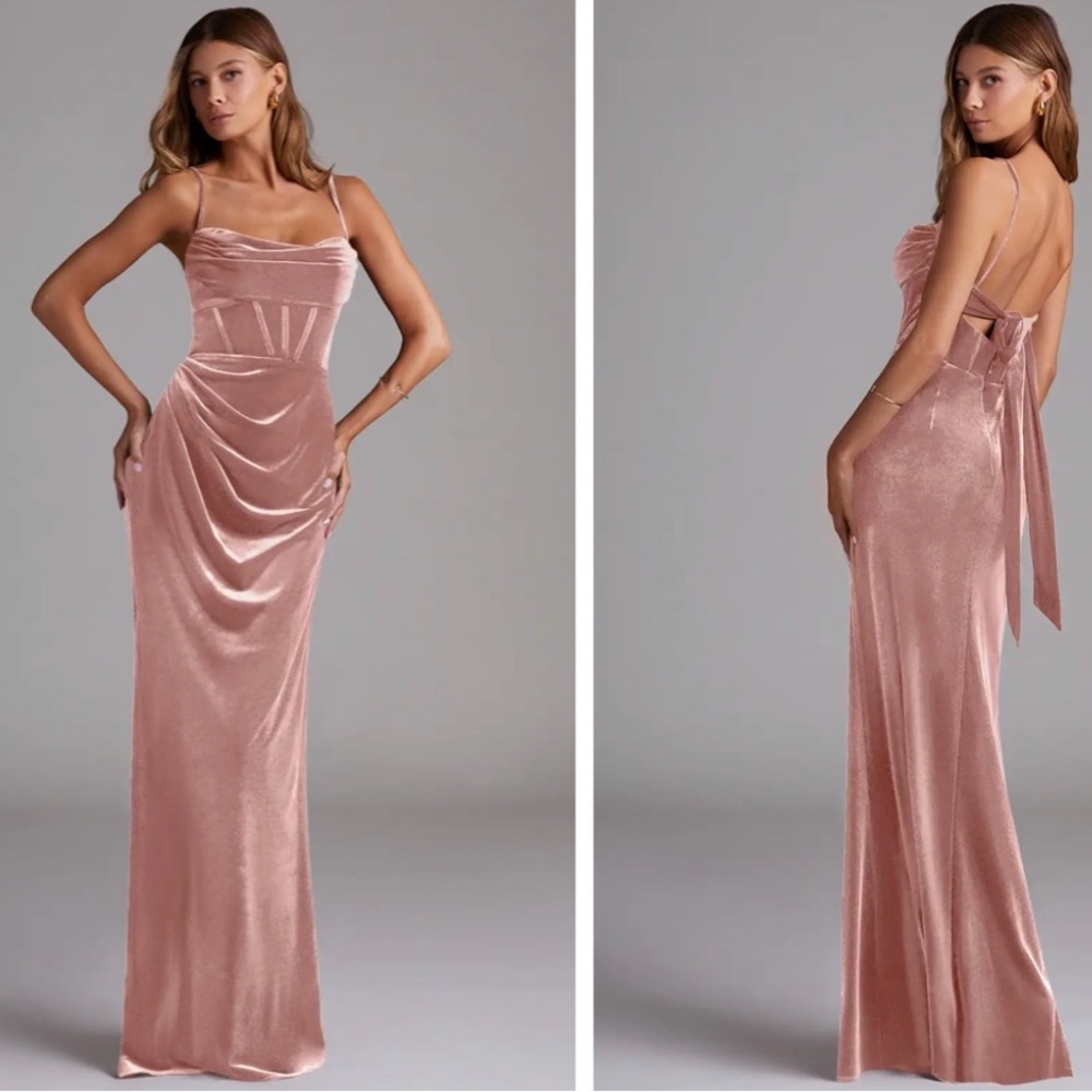 Azazie Velvet Elegant Dusty Pink Evening Gown